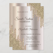 Invitation Luxury Modern Glitter Drips Gold  Sweet 16 (Devant / Derrière)