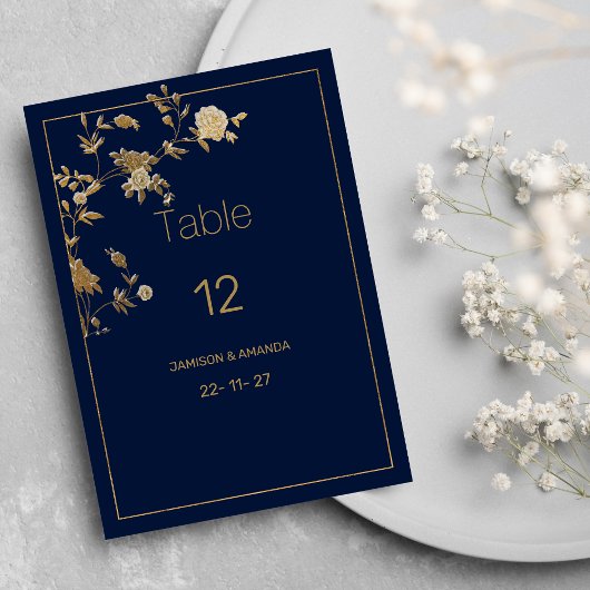 Invitation Luxury modern gold floral navy blue Table Numbers