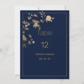Invitation Luxury modern gold floral navy blue Table Numbers (Devant)