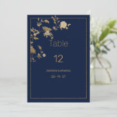 Invitation Luxury modern gold floral navy blue Table Numbers (Debout devant)