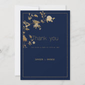Invitation Luxury modern gold floral navy blue Thank You (Devant)