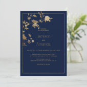 Invitation Luxury modern gold floral navy blue Wedding (Debout devant)