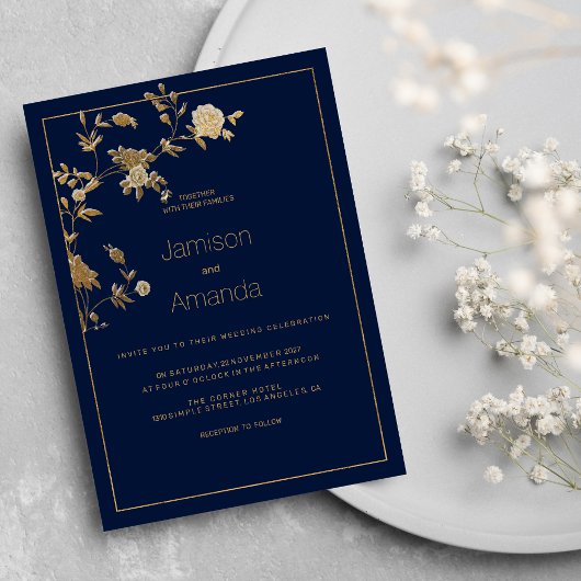 Invitation Luxury modern gold floral navy blue Wedding