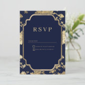 Invitation Luxury navy blue and gold floral RSVP (Debout devant)