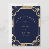 Invitation Luxury navy blue and gold floral Save the Date (Devant)