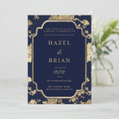Invitation Luxury navy blue and gold floral Wedding (Debout devant)