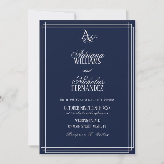 Invitation Luxury Navy Blue Monogram Wedding (Devant)