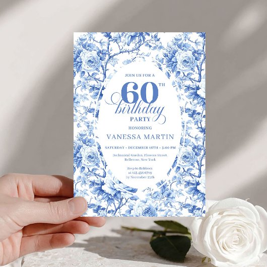 Invitation Luxury Navy Blue Roses Toile 60th Birthday Invite