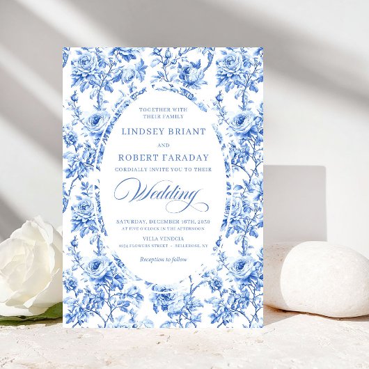 Invitation Luxury Navy Blue Toile Rose Floral Wedding Invite