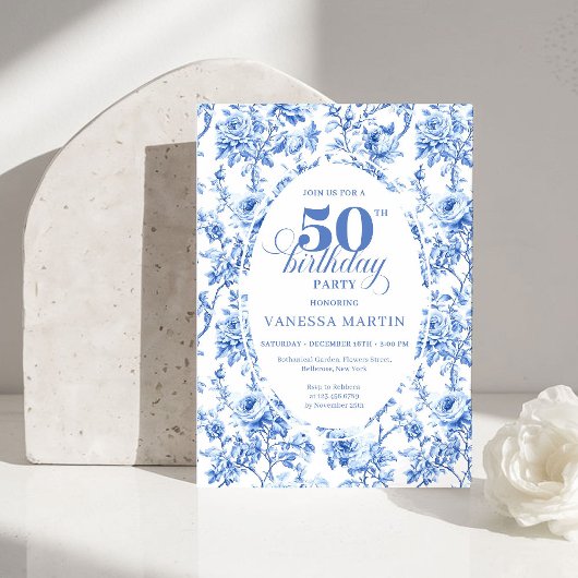 Invitation Luxury Navy Blue Toile Roses 50th Birthday Invite
