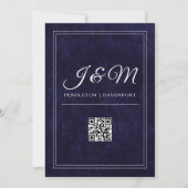 Invitation Luxury Navy Blue Velvet White Monogram QR code (Dos)