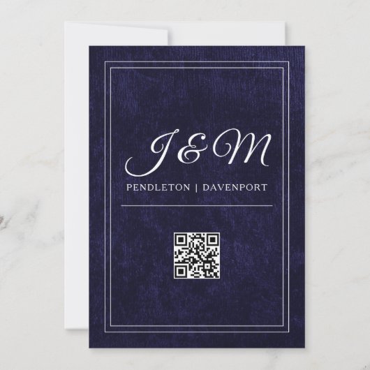 Invitation Luxury Navy Blue Velvet White Monogram QR code (Dos)