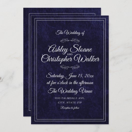 Invitation Luxury Navy Blue Velvet White Monogram QR code (Devant / Derrière)
