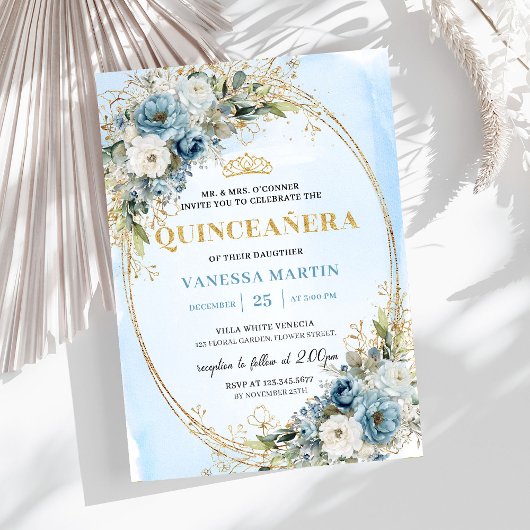 Invitation Luxury Pastel Blue Gold Eucalyptus Quince Invites