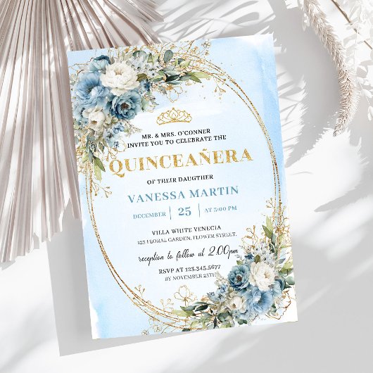 Invitation Luxury Pastel Blue Gold Eucalyptus Quinceañera