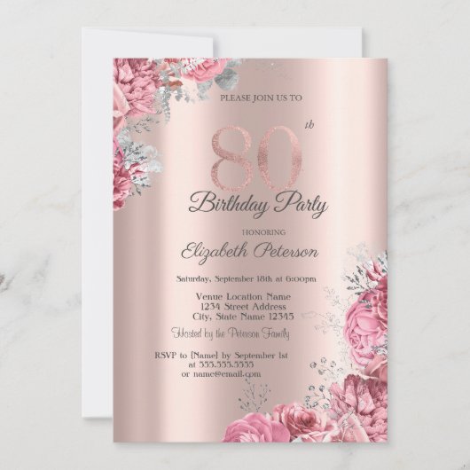 Invitation Luxury Pink Floral Rose Gold 80th Birthday Party (Devant)