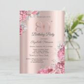 Invitation Luxury Pink Floral Rose Gold 80th Birthday Party (Debout devant)