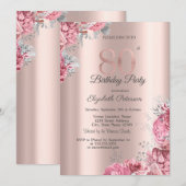 Invitation Luxury Pink Floral Rose Gold 80th Birthday Party (Devant / Derrière)