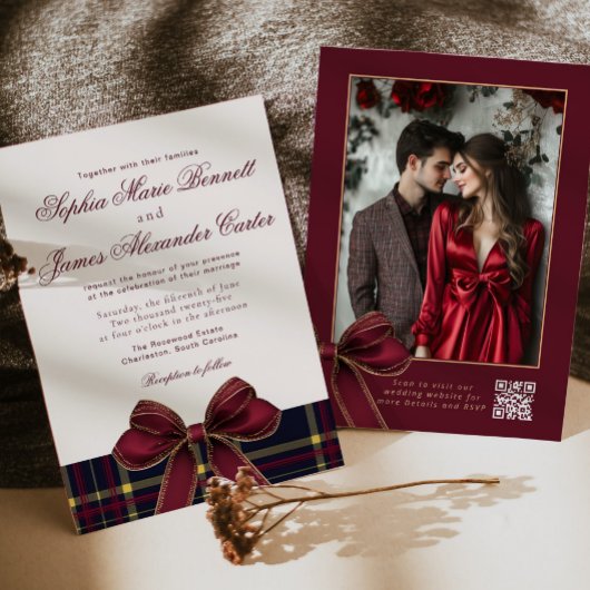 Invitation Luxury plaid Burgundy Bow Winter Photo Wedding