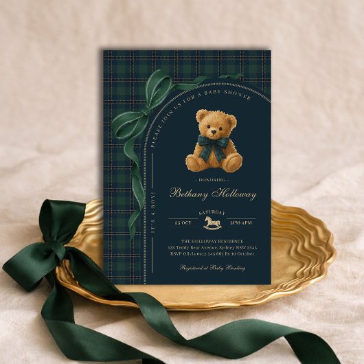 Invitation Luxury Polo Plaid Teddy Bear Boy Baby Shower