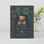 Invitation Luxury Polo Teddy Bear Green Bow Plaid Baby Shower (Debout devant)