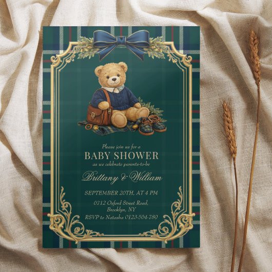Invitation Luxury Preppy Teddy Bear Plaid Baby Shower 