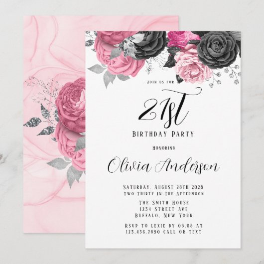 Invitation Luxury Rose Black Florals 21e fête d'anniversaire (Devant / Derrière)