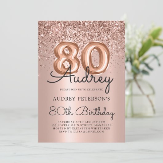 Invitation Luxury Rose Gold Parties scintillant Balloon 80e a (Debout devant)
