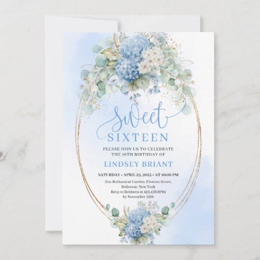 Invitation Luxury Script Blue Hydrangeas Sweet Sixteen Invite (Devant)