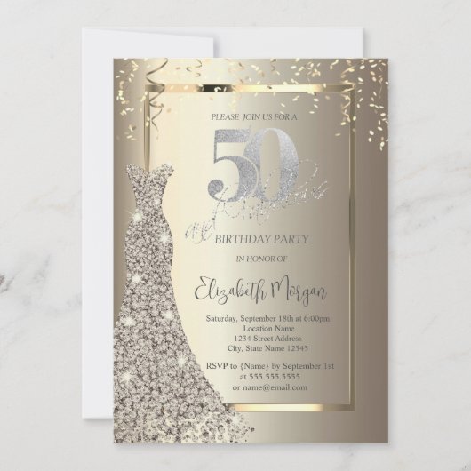 Invitation Luxury Shiny Diamonds Dress Gold 50th Birthday (Devant)