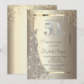 Invitation Luxury Shiny Diamonds Dress Gold 50th Birthday (Devant / Derrière)