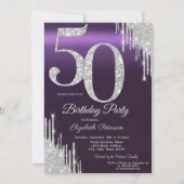 Invitation Luxury Silver Glitter Drips Purple 50th  (Devant)