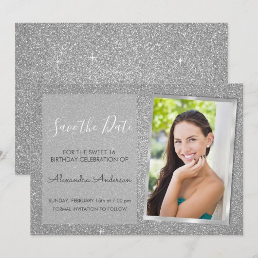 Invitation Luxury Silver Parties scintillant Sweet 16 Enregis (Devant / Derrière)