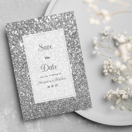 Invitation Luxury silver sparkly glitter glam Save The Date 