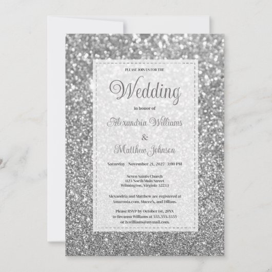 Invitation Luxury silver sparkly glitter glam Wedding  (Devant)