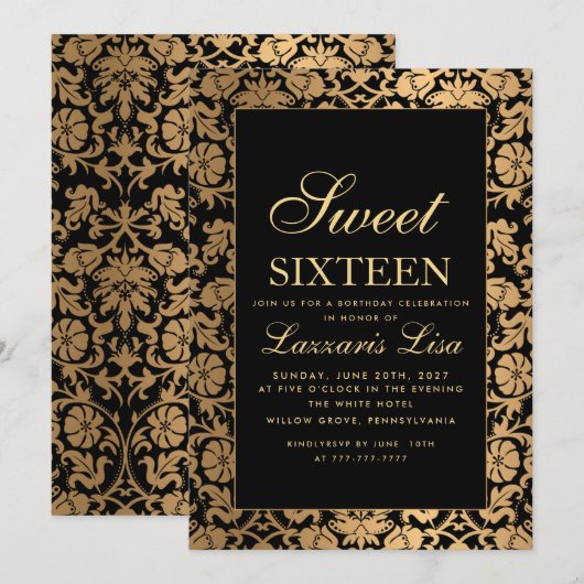 Invitation Luxury Sweet 16 Black Girly Anniversaire (Devant / Derrière)