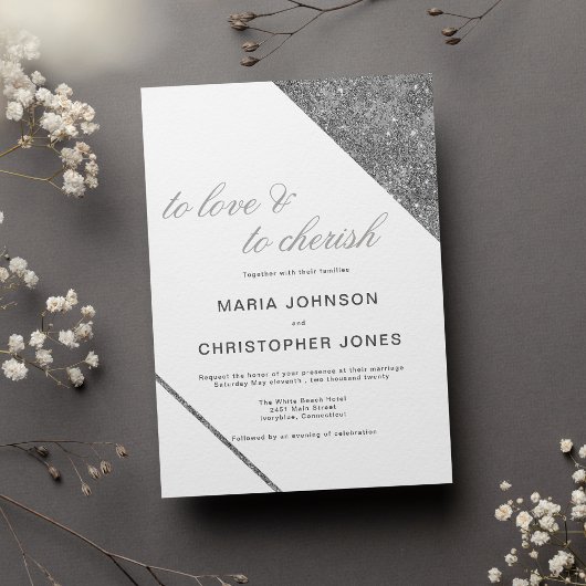Invitation Luxury white classic script silver glitter wedding
