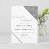 Invitation Luxury white classic script silver glitter wedding (Debout devant)