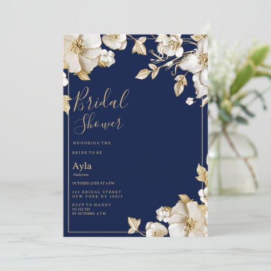 Invitation Luxury white gold floral navy blue Bridal Shower (Debout devant)