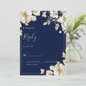 Invitation Luxury white gold floral navy blue RSVP (Debout devant)