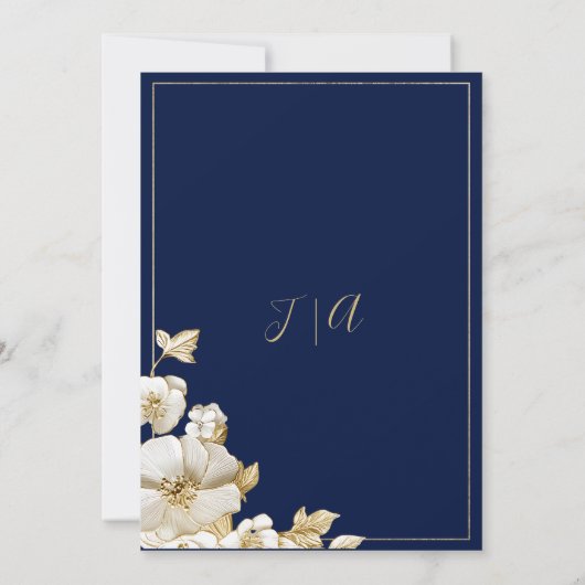 Invitation Luxury white gold floral navy blue RSVP (Dos)