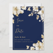 Invitation Luxury white gold floral navy blue Save the Date (Devant)