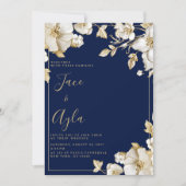 Invitation Luxury white gold floral navy blue Wedding (Devant)