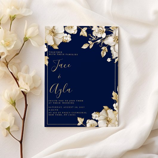 Invitation Luxury white gold floral navy blue Wedding