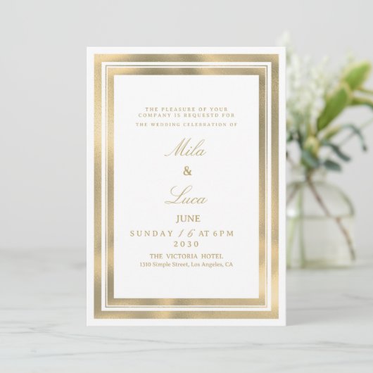 Invitation Luxury white gold geometric frame Wedding (Debout devant)