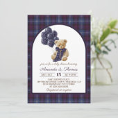 Invitation Lxury Bear Balloons Plaid Baby Shower (Debout devant)
