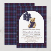 Invitation Lxury Bear Balloons Plaid Baby Shower (Devant / Derrière)