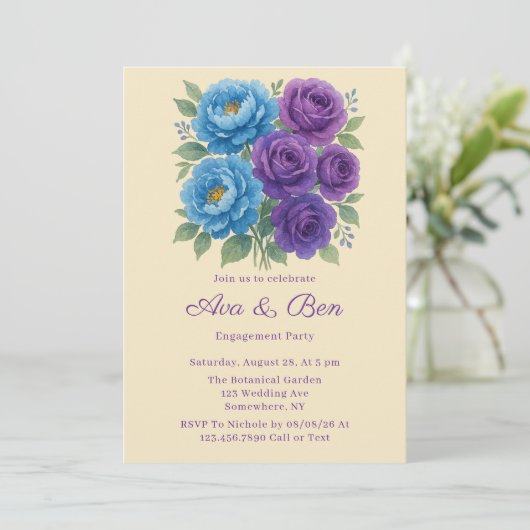 Invitation Lyons Blue Peony et Fig Purple Engagement Party (Debout devant)