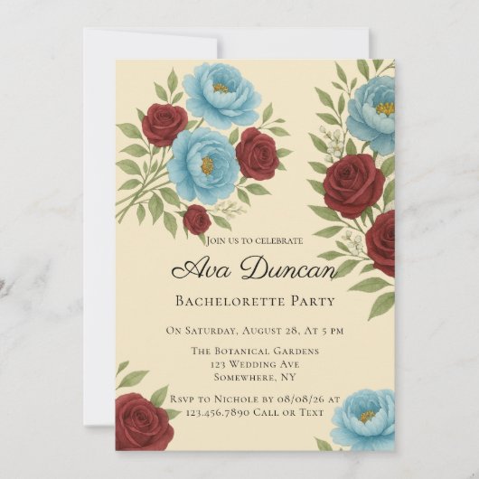 Invitation Lyons Blue Peony et Red Roses Bachelorette Party (Devant)