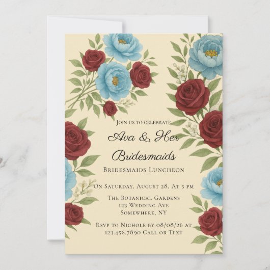 Invitation Lyons Blue Peony et Red Roses Bridesmaitres Déjeun (Devant)